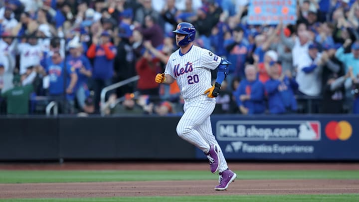 Oct 18, 2024; New York City, New York, USA; New York Mets first baseman Pete Alonso (20) rounds the bases after hitting a three run home run against the Los Angeles Dodgers during the first inning of game five of the NLCS during the 2024 MLB playoffs at Citi Field. Mandatory Credit: Brad Penner-Imagn Images