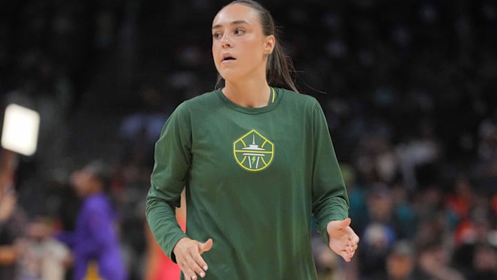 Seattle Storm guard Nika Muhl during the game against the LA Sparks at Crypto.com Arena. Seattle Storm guard Nika Muhl during the game against the LA Sparks at Crypto.com Arena.