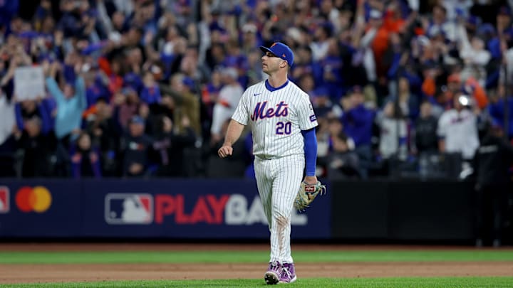 Oct 18, 2024; New York City, New York, USA; New York Mets first baseman Pete Alonso (20) reacts after the Mets defeated the Los Angeles Dodgers in game five of the NLCS during the 2024 MLB playoffs at Citi Field. 