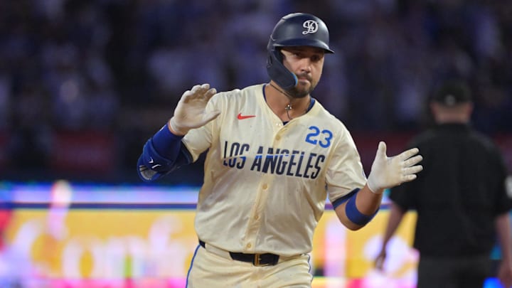 Sep 20, 2025; Los Angeles, California, USA; Los Angeles Dodgers outfielder Michael Conforto (23) reacts after scoring a run during the third inning against the San Francisco Giants at Dodger Stadium. Mandatory Credit: Jayne Kamin-Oncea-Imagn Images Sep 20, 2025; Los Angeles, California, USA; Los Angeles Dodgers outfielder Michael Conforto (23) reacts after scoring a run during the third inning against the San Francisco Giants at Dodger Stadium. Mandatory Credit: Jayne Kamin-Oncea-Imagn Images