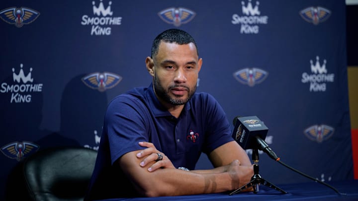 Oct 2, 2023; New Orleans, LA, USA; New Orleans Pelicans general manager Trajan Langdon speaks during Media Day at the Smoothie King Center. Mandatory Credit: Matthew Hinton-Imagn Images