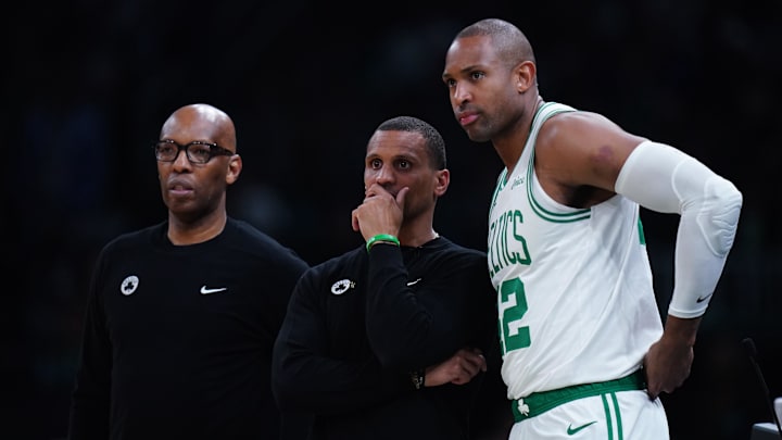 May 5, 2025; Boston, Massachusetts, USA; Boston Celtics head coach Joe Mazzulla talks with center Al Horford (42) from the sideline as they take on the New York Knicks during game one of the second round for the 2025 NBA Playoffs at TD Garden. Mandatory Credit: David Butler II-Imagn Images