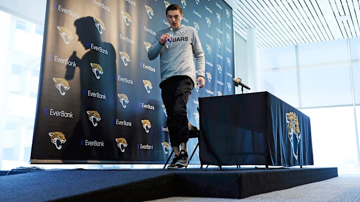 Jacksonville Jaguars general manager James Gladstone walks off the podium during a press conference at Miller Electric Center Tuesday, April 15, 2025 in Jacksonville, Fla. [Corey Perrine/Florida Times-Union]