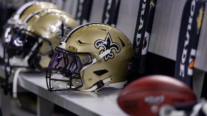 Nov 5, 2023; New Orleans, Louisiana, USA;  Detailed view of the New Orleans Saints helmets on the team bench against the Chicago Bears during the first half at the Caesars Superdome. Mandatory Credit: Stephen Lew-Imagn Images