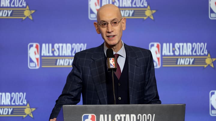Feb 17, 2024; Indianapolis, IN, USA; NBA Commissioner Adam Silver talks to media during a press conference before NBA All Star Saturday Night at Lucas Oil Stadium. Mandatory Credit: Trevor Ruszkowski-Imagn Images