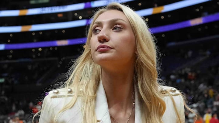 LA Sparks forward Cameron Brink leaves the floor after the game against the Las Vegas Aces at Crypto.com Arena.