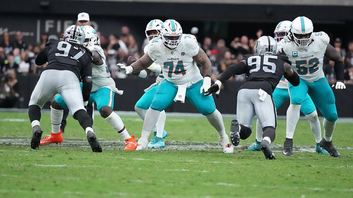 Miami Dolphins offensive tackle Kadyn Proctor (74) and offensive tackle Patrick Paul (52) defend against Las Vegas Raiders defensive tackle Tonka Hemingway (97) and defensive end Kwity Paye (95) at Allegiant Stadium. Miami Dolphins offensive tackle Kadyn Proctor (74) and offensive tackle Patrick Paul (52) defend against Las Vegas Raiders defensive tackle Tonka Hemingway (97) and defensive end Kwity Paye (95) at Allegiant Stadium.