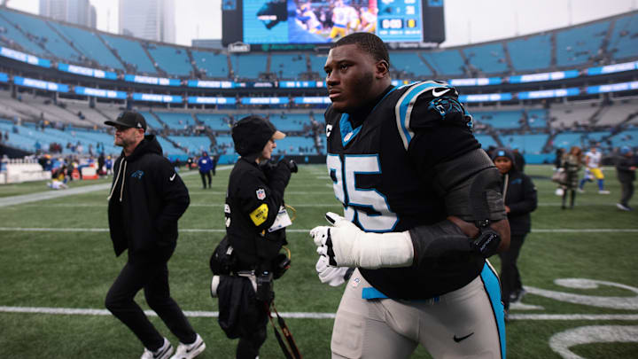 Carolina Panthers defensive end Derrick Brown (95) looks on after the game against the Los Angeles Rams