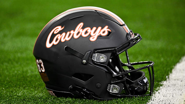 Dec 2, 2023; Arlington, TX, USA;  A view of a Oklahoma State Cowboys helmet before the game between the Texas Longhorns and the Oklahoma State Cowboys at AT&T Stadium. Mandatory Credit: Jerome Miron-Imagn Images