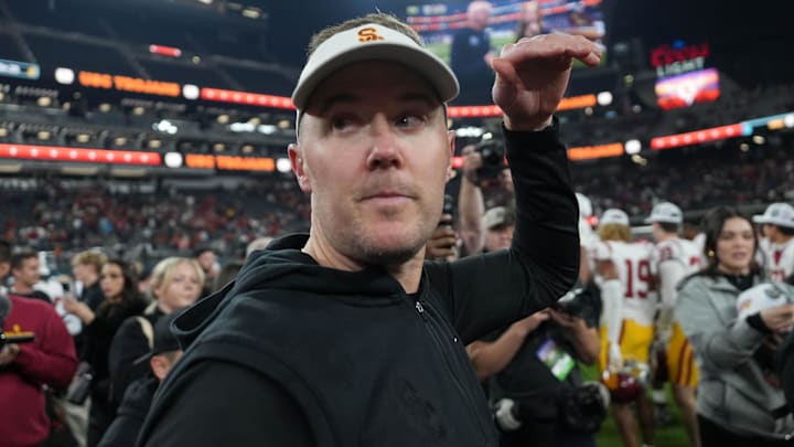Dec 27, 2024; Las Vegas, NV, USA; Southern California Trojans head coach Lincoln Riley reacts after the game against the Texas A&M Aggies at Allegiant Stadium. Mandatory Credit: Kirby Lee-Imagn Images