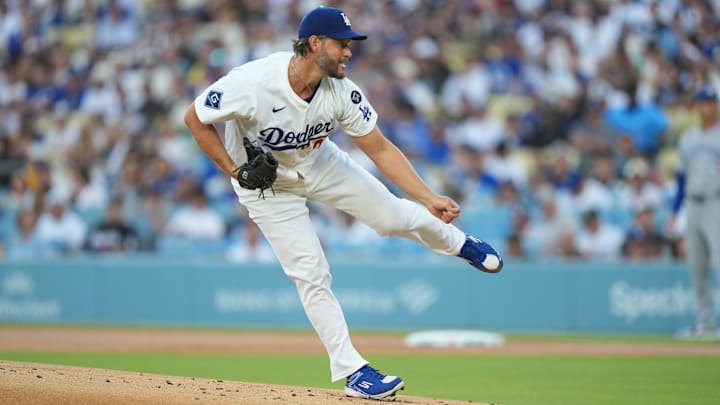 Aug 8, 2025; Los Angeles, California, USA; Los Angeles Dodgers starting pitcher Clayton Kershaw (22) pitches the ball during the first inning against Toronto Blue Jays at Dodger Stadium. Mandatory Credit: Kirby Lee-Imagn Images