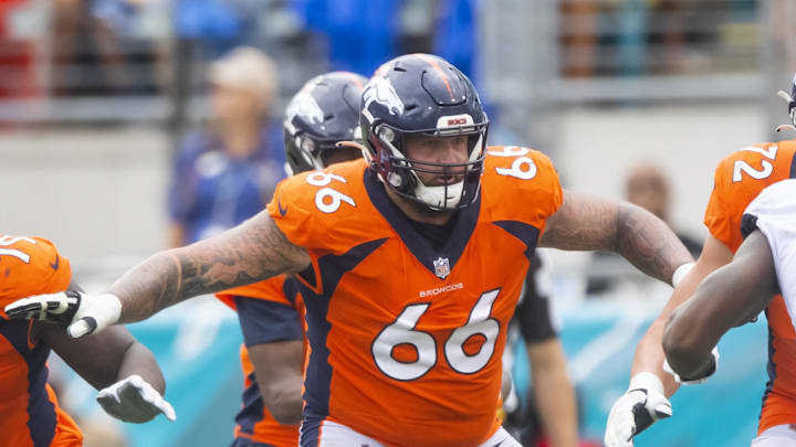 Sep 19, 2021; Jacksonville, Florida, USA; Denver Broncos guard Dalton Risner (66) against the