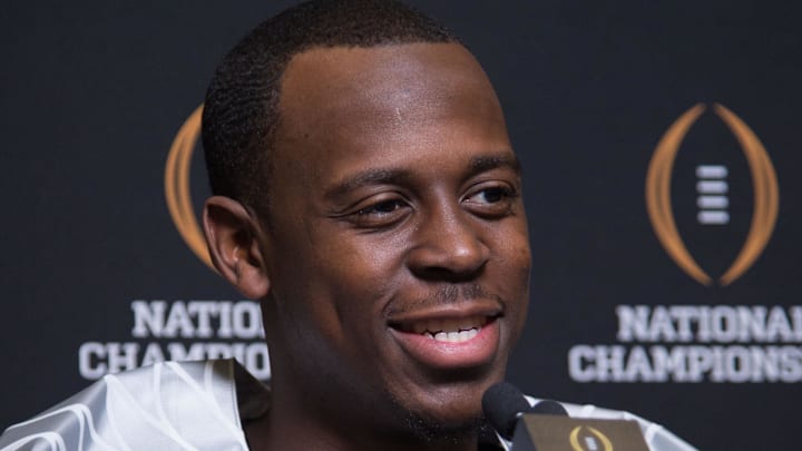January 10, 2015; Arlington, TX, USA; Oregon Ducks linebacker Tony Washington (91) addresses the media during Media Day for the College Football Playoff National Championship at Dallas Convention Center. Mandatory Credit: Kyle Terada-Imagn Images