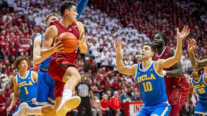 Indiana's Trey Galloway (32) looks to pass during the Indiana versus UCLA men's basketball game at Simon Skjodt Assembly Hall on Friday, Feb. 14, 2025. Indiana's Trey Galloway (32) looks to pass during the Indiana versus UCLA men's basketball game at Simon Skjodt Assembly Hall on Friday, Feb. 14, 2025.