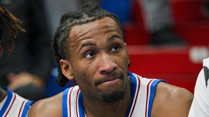 Nov 3, 2025; Lawrence, Kansas, USA; Kansas Jayhawks guard Darryn Peterson (22) reacts during the second half against the Green Bay Phoenix at Allen Fieldhouse. Mandatory Credit: Jay Biggerstaff-Imagn Images