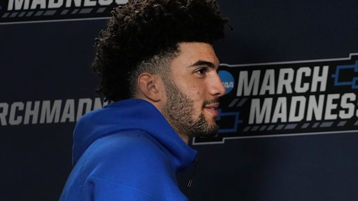 Mar 18, 2026; Greenville, SC, USA; Duke Blue Devils forward Cameron Boozer (12) during a press conference ahead of the first round of the men's 2026 NCAA Tournament at Bon Secours Wellness Arena. Mandatory Credit: Bob Donnan-Imagn Images