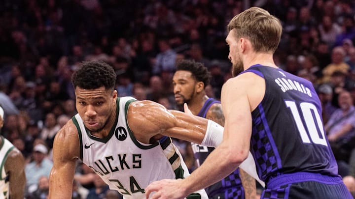 Mar 12, 2024; Sacramento, California, USA; Milwaukee Bucks forward Giannis Antetokounmpo (34) drives to the basket against Sacramento Kings forward Domantas Sabonis (10) during the second quarter at Golden 1 Center. Mandatory Credit: Ed Szczepanski-Imagn Images Mar 12, 2024; Sacramento, California, USA; Milwaukee Bucks forward Giannis Antetokounmpo (34) drives to the basket against Sacramento Kings forward Domantas Sabonis (10) during the second quarter at Golden 1 Center. Mandatory Credit: Ed Szczepanski-Imagn Images