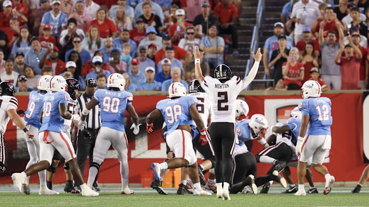 Oct 4, 2025; Houston, Texas, USA; Texas Tech Red Raiders quarterback Behren Morton (2) celebrates a touchdown against the Houston Cougars in the first half at TDECU Stadium. 