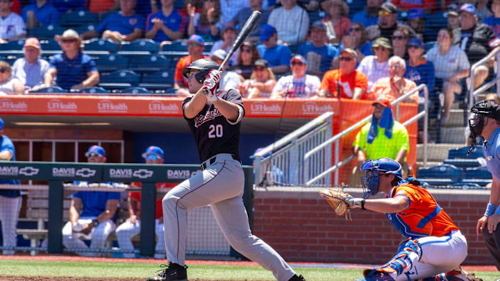 Gamecocks utility Ethan Petry (20) with a two run homer in the top of the third inning against Florida. The Gators ended their six game losing streak with an 11-9 win over the Gamecocks in Game 3 of the weekend series at Condron Family Ballpark in Gainesville, Florida, Sunday, April 14, 2024.