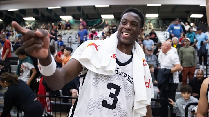 Utah Prep Academy forward AJ Dybantsa (3) celebrates after defeating Faith Family Academy (TX) during the Hoophall West High School Invitational at Highland High School.