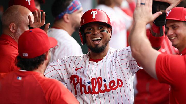 Aug 4, 2026; Philadelphia, Pennsylvania, USA; Philadelphia Phillies second baseman Luis Arraez (4) reacts in the dugout after scoring against the Washington Nationals during the third inning at Citizens Bank Park. Mandatory Credit: Bill Streicher-Imagn Images Aug 4, 2026; Philadelphia, Pennsylvania, USA; Philadelphia Phillies second baseman Luis Arraez (4) reacts in the dugout after scoring against the Washington Nationals during the third inning at Citizens Bank Park. Mandatory Credit: Bill Streicher-Imagn Images