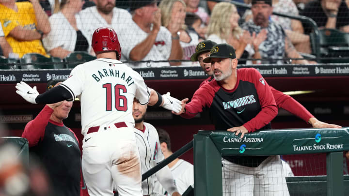 May 19, 2024; Phoenix, Arizona, USA; Arizona Diamondbacks catcher Tucker Barnhart (16) slaps hands with Arizona Diamondbacks manager Torey Lovullo (17) after scoring a run against the Detroit Tigers during the second inning at Chase Field. Mandatory Credit: Joe Camporeale-USA TODAY Sports