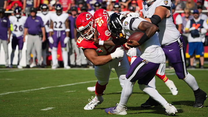Baltimore Ravens quarterback Lamar Jackson threw his helmet after struggling during the first half against the Kansas City Chiefs.