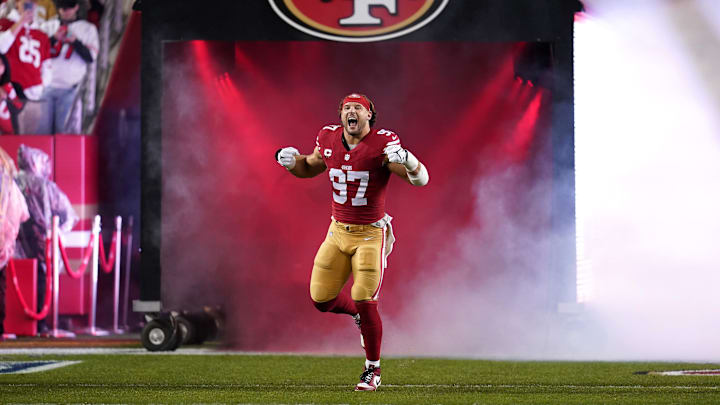 Dec 12, 2024; Santa Clara, California, USA; San Francisco 49ers defensive end Nick Bosa (97) is introduced before the start of the game against the Los Angeles Rams at Levi's Stadium. Mandatory Credit: Cary Edmondson-Imagn Images Dec 12, 2024; Santa Clara, California, USA; San Francisco 49ers defensive end Nick Bosa (97) is introduced before the start of the game against the Los Angeles Rams at Levi's Stadium. Mandatory Credit: Cary Edmondson-Imagn Images