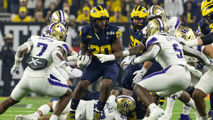 Kalel Mullings #20 of the Michigan Wolverines runs with the ball during the CFP National Championship game between University of Washington and University of Michigan at NRG Stadium on January 8, 2024 in Houston, Texas.
