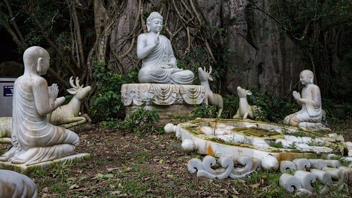Buddha under the Bodhi Tree with Deer and Dharma Wheel  -...