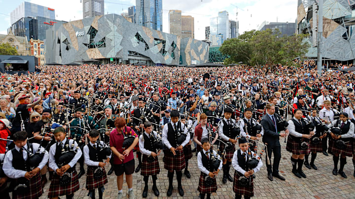Bagpipers seen performing during a record-breaking attempt