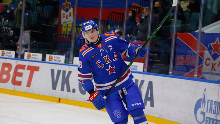 Kirill Kirsanov (No.78) of SKA Saint Petersburg seen during...