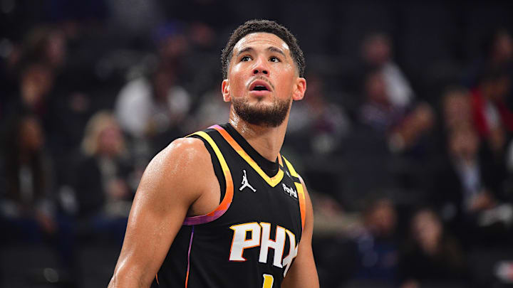 Oct 31, 2024; Inglewood, California, USA; Phoenix Suns guard Devin Booker (1) reacts during the first half at Intuit Dome. Mandatory Credit: Gary A. Vasquez-Imagn Images Oct 31, 2024; Inglewood, California, USA; Phoenix Suns guard Devin Booker (1) reacts during the first half at Intuit Dome. Mandatory Credit: Gary A. Vasquez-Imagn Images