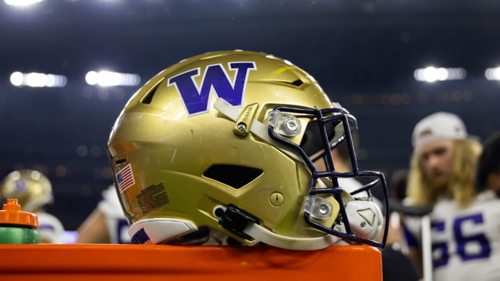 Jan 8, 2024; Houston, TX, USA; Detailed view of Washington Huskies helmet during the 2024 College Football Playoff national championship game at NRG Stadium. Jan 8, 2024; Houston, TX, USA; Detailed view of Washington Huskies helmet during the 2024 College Football Playoff national championship game at NRG Stadium.