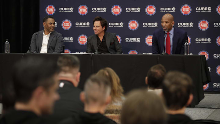 Jun 13, 2023; Detroit, MI, USA; Troy Weaver general manager of the Detroit Pistons, owner Tom Gores Jun 13, 2023; Detroit, MI, USA; Troy Weaver general manager of the Detroit Pistons, owner Tom Gores