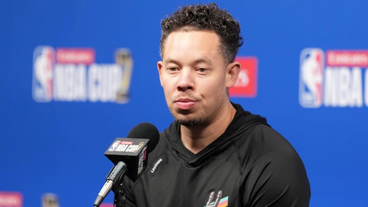 Dec 16, 2025; Las Vegas, Nevada, USA; San Antonio Spurs head coach Mitch Johnson at press conference prior to the Emirates NBA Cup Final against the New York Knicks at T-Mobile Arena. Mandatory Credit: Kirby Lee-Imagn Images