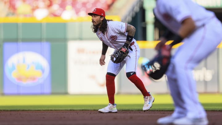 Jul 8, 2024; Cincinnati, Ohio, USA; Cincinnati Reds second baseman Jonathan India (6) prepares for the pitch in the first inning against the Colorado Rockies at Great American Ball Park. Mandatory Credit: Katie Stratman-USA TODAY Sports