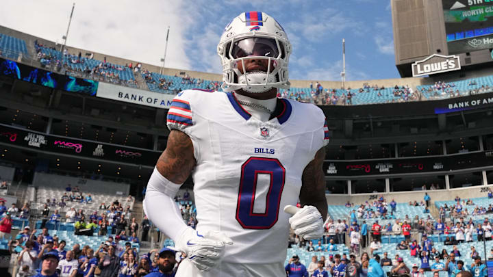 Oct 26, 2025; Charlotte, North Carolina, USA; Buffalo Bills wide reciever Keon Coleman (0) runs on to the field before the game at Bank of America Stadium. 