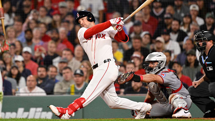 Sep 2, 2025; Boston, Massachusetts, USA; Boston Red Sox third baseman Alex Bregman (2) hits a one run RBI during the eighth inning against the Cleveland Guardians at Fenway Park. Mandatory Credit: Eric Canha-Imagn Images Sep 2, 2025; Boston, Massachusetts, USA; Boston Red Sox third baseman Alex Bregman (2) hits a one run RBI during the eighth inning against the Cleveland Guardians at Fenway Park. Mandatory Credit: Eric Canha-Imagn Images