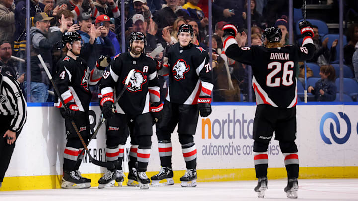 Buffalo Sabres players Alex Tuch, Tage Thompson, Rasmus Dahlin and Bowen Byram