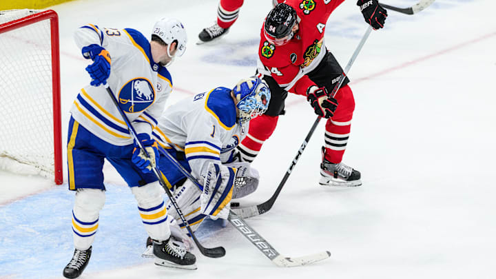 Nov 19, 2023; Chicago, Illinois, USA; Buffalo Sabres goaltender Ukko-Pekka Luukkonen (1) stops a