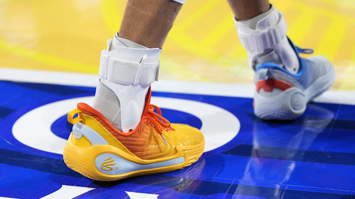 Feb 16, 2025; San Francisco, CA, USA; Detail view of shoes worn by Shaq’s OGs guard Stephen Curry (30) of the Golden State Warriors in the game against Candace’s Rising Stars during the 2025 NBA All Star Game at Chase Center. 