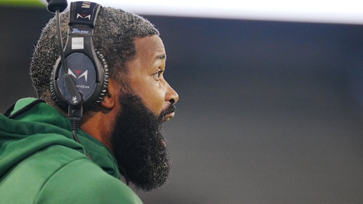 Nov 17, 2022; New Orleans, Louisiana, USA; Tulane Green Wave running backs coach Derrick Sherman yells at his team against the Southern Methodist Mustangs during the first half at Yulman Stadium.