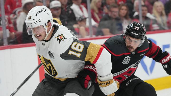 Jun 4, 2026; Raleigh, North Carolina, USA; Vegas Golden Knights right wing Pavel Dorofeyev (16) battles for the puck against Carolina Hurricanes center Logan Stankoven (22) during the second period in game two of the 2026 Stanley Cup Final at Lenovo Center. Jun 4, 2026; Raleigh, North Carolina, USA; Vegas Golden Knights right wing Pavel Dorofeyev (16) battles for the puck against Carolina Hurricanes center Logan Stankoven (22) during the second period in game two of the 2026 Stanley Cup Final at Lenovo Center.