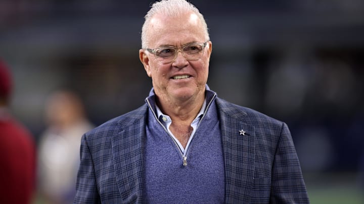 Dallas Cowboys CEO Stephen Jones walks on the field before the game against the Tampa Bay Buccaneers at AT&T Stadium. 