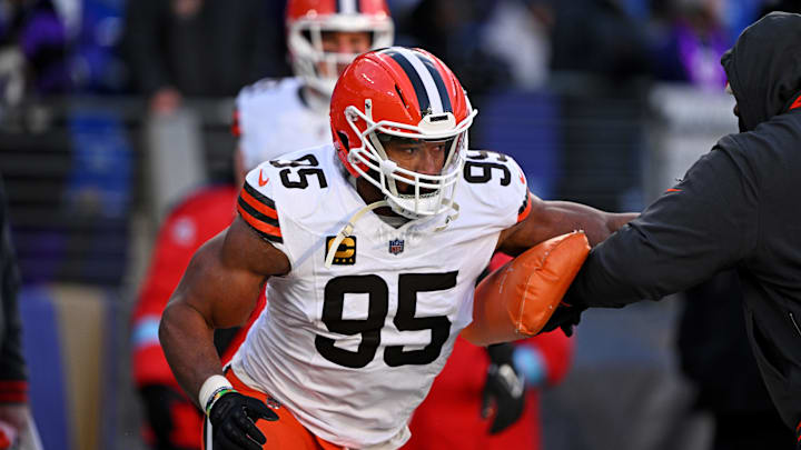 Jan 4, 2025; Baltimore, Maryland, USA; Cleveland Browns defensive end Myles Garrett (95) warms up before the game against Baltimore Ravens at M&T Bank Stadium. Mandatory Credit: Tommy Gilligan-Imagn Images