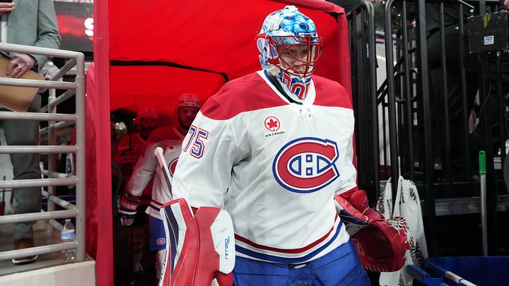 May 29, 2026; Raleigh, North Carolina, USA; Montreal Canadiens goaltender Jakub Dobes (75) walks to the ice for warmups before game five of the Eastern Conference Final of the 2026 Stanley Cup Playoffs against the Carolina Hurricanes at Lenovo Center. Mandatory Credit: James Guillory-Imagn Images