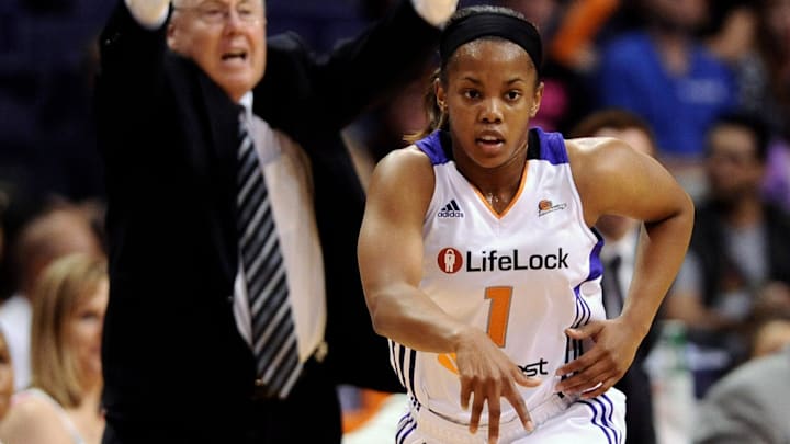 Sep. 12, 2012; Phoenix, AZ, USA; Phoenix Mercury guard Dymond Simon (1) dribbles the ball up the court in the first half against the Connecticut Sun at US Airways Center. Mandatory Credit: Jennifer Stewart-Imagn Images