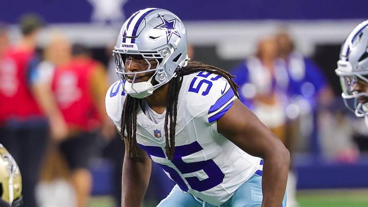 Dallas Cowboys linebacker Jaishawn Barham (55) on defense during the first half against the New Orleans Saints at AT&T Stadium. Dallas Cowboys linebacker Jaishawn Barham (55) on defense during the first half against the New Orleans Saints at AT&T Stadium.
