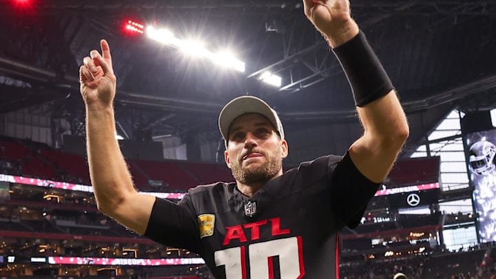 Nov 3, 2024; Atlanta, Georgia, USA; Atlanta Falcons quarterback Kirk Cousins (18) celebrates after a victory over the Dallas Cowboys at Mercedes-Benz Stadium. Mandatory Credit: Brett Davis-Imagn Images
